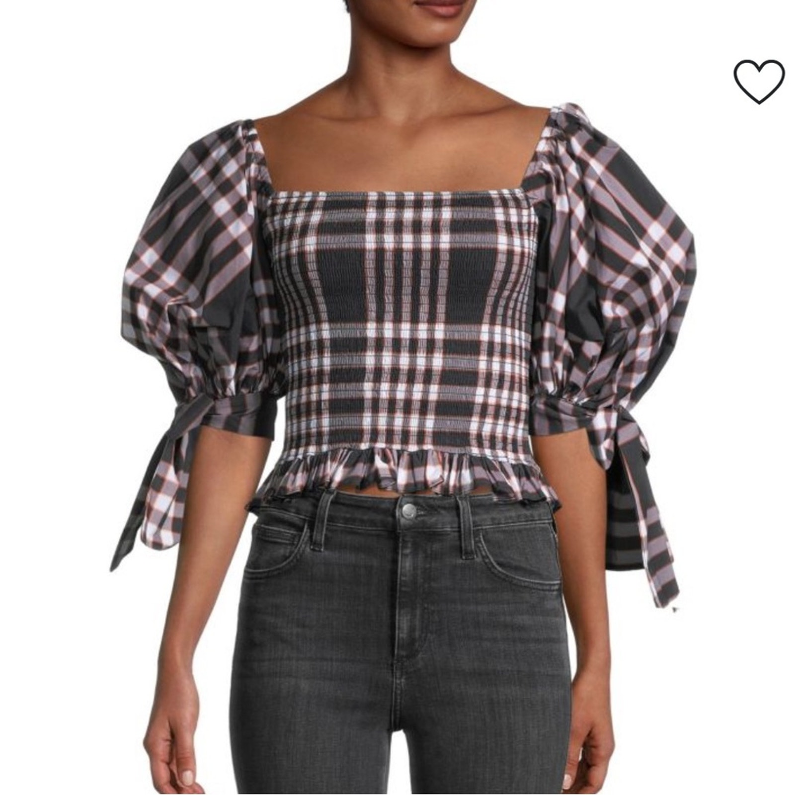 Caroline Constas Parker Plaid-Print Puff-Sleeve Top Sz L
